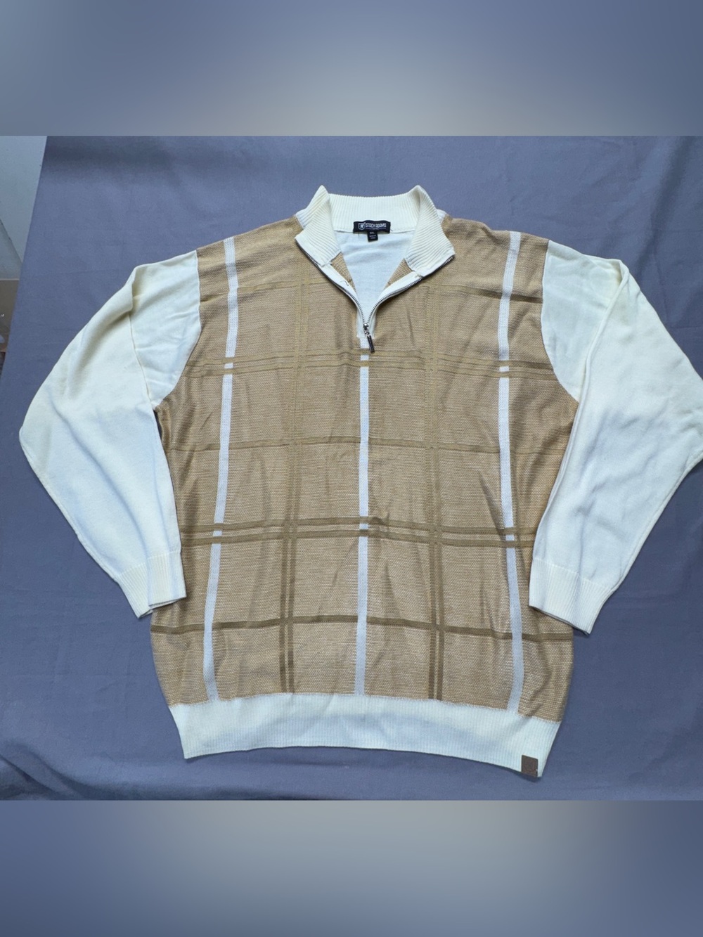Stacy Adams Beige and White Plaid Zip-Up Sweater Men’s 3XL BK43